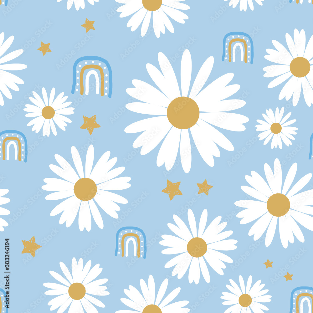 Obraz premium Seamless pattern with daisy flower and rainbow on blue background vector.
