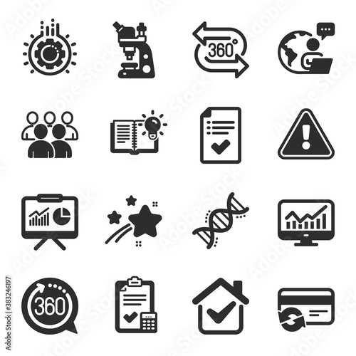 Set of Technology icons, such as Change card, Presentation, Accounting checklist symbols. Product knowledge, 360 degree, Approved checklist signs. Microscope, Gear, 360 degrees. Group. Vector