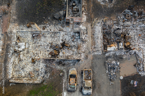 Aerial view of burned down houses from the 2020 Almeda wildfire in Southern Oregon, USA photo