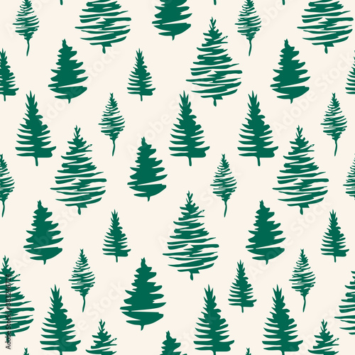 Green Christmas trees seamless patterns. Green forest with pine trees  hand drawn vector endless illustration for fabric and sublimation print design
