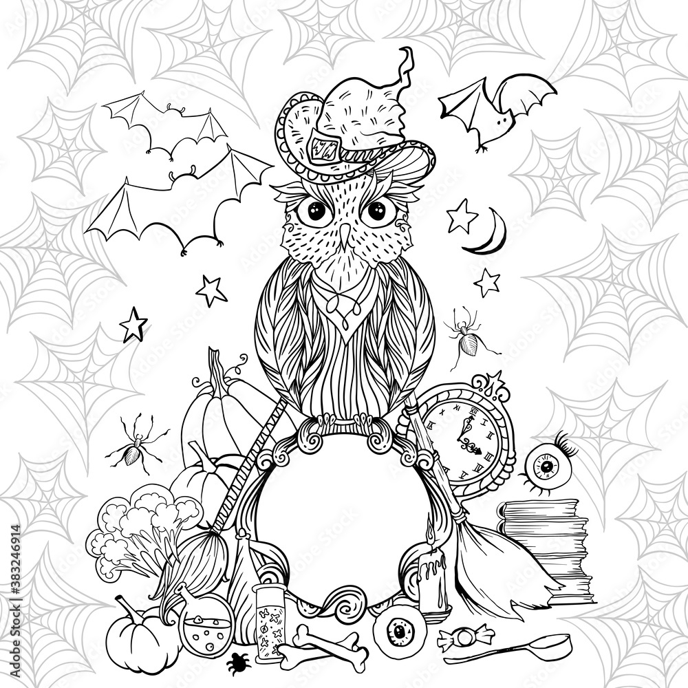 Fototapeta premium Halloween coloring page with owl in hat. Witch tools and spider web for Halloween Holiday. Vector black outline contour illustration isolated on white