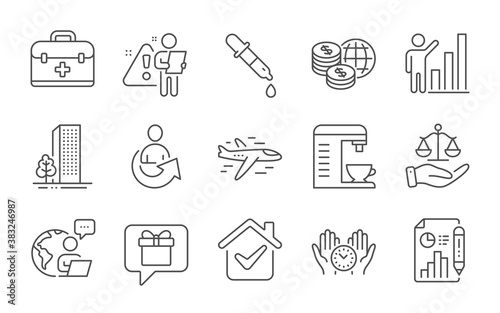 Safe time, Justice scales and Airplane line icons set. Wish list, Buildings and World money signs. Coffee machine, Share and Graph chart symbols. Line icons set. Vector