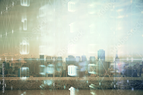 Photography Data theme hologram drawing on city view with skyscrapers background double exposure