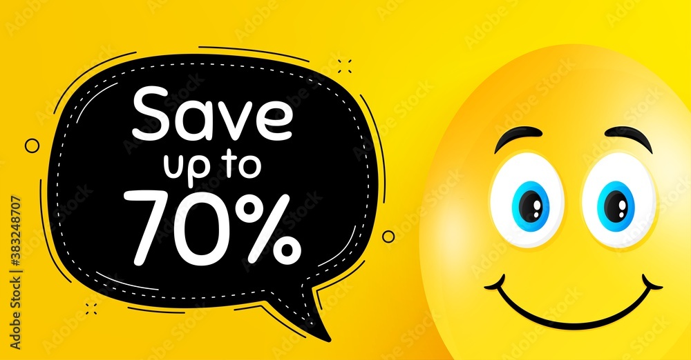 Save up to 70%. Easter egg with smile face. Discount Sale offer price sign. Special offer symbol. Easter smile character. Discount black speech bubble. Yellow egg background. Vector Save up to 70%. Easter egg with smile face. Discount Sale offer price sign. Special offer symbol. Easter smile character. Discount black speech bubble. Yellow egg background. Vector