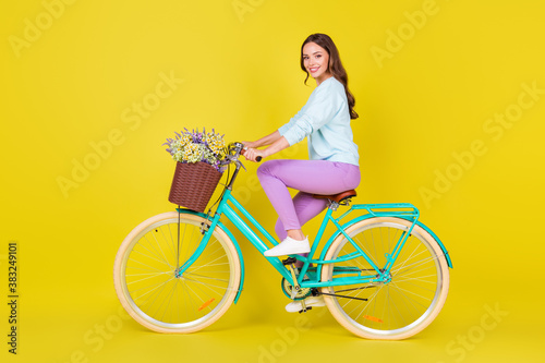 Side profile full length photo of charming pretty student girl riding retro uncommon bike bring flowers mother day wear blue pullover violet pants isolated vibrant yellow color background © deagreez