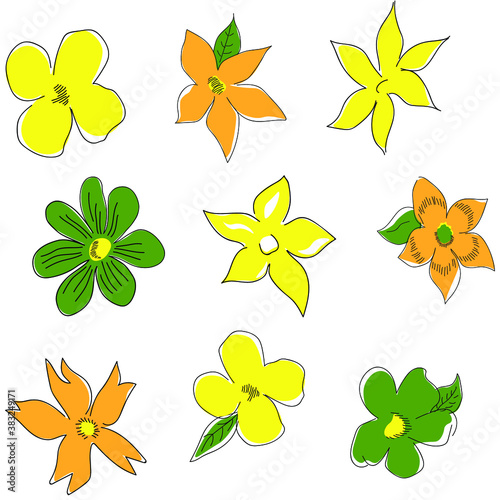 Seamless vector illustration with abstract yellow  green and orange flowers. Elegant template for fashion prints. Delicate floral pattern on a white background