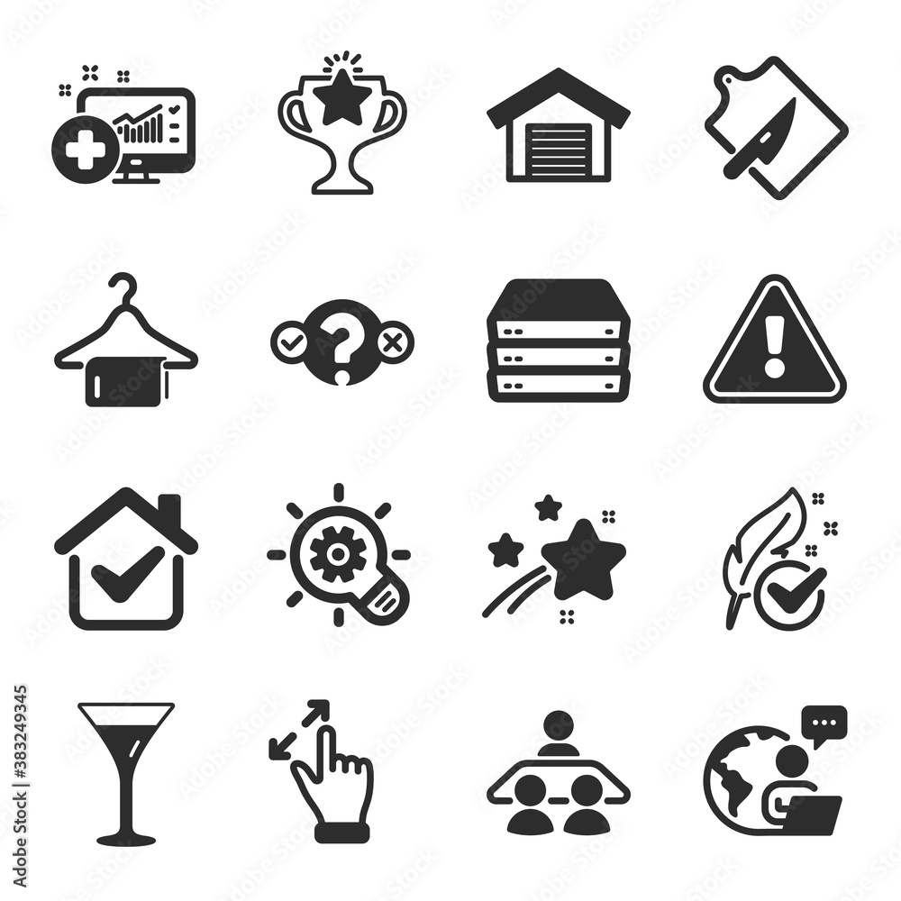 Set of Business icons, such as Parking garage, Victory, Touchscreen gesture symbols. Quiz test, Martini glass, Hypoallergenic tested signs. Cogwheel, Clean towel, Medical analytics. Vector Set of Business icons, such as Parking garage, Victory, Touchscreen gesture symbols. Quiz test, Martini glass, Hypoallergenic tested signs. Cogwheel, Clean towel, Medical analytics. Vector