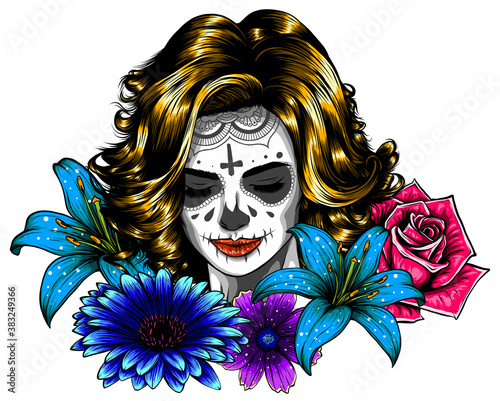 Vintage sugar skull girl with roses for Day of the Dead