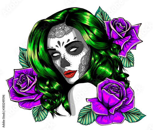 Vintage sugar skull girl with roses for Day of the Dead