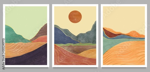set of creative minimalist hand painted illustrations of Mid century modern. Natural abstract landscape background. mountain, forest, sea, sky, sun and river