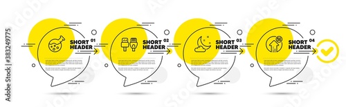 Chemistry lab, Computer cables and Night weather line icons set. Timeline infograph speech bubbles. 5g upload sign. Laboratory, Rj45 internet, Sleep. Fast wifi. Science set. Vector
