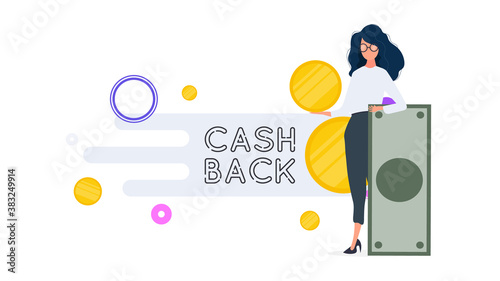 The girl is holding a dollar. Cashback lettering isolated on white background. Golden coins. Composition on the theme of money back and cashback. Vector.
