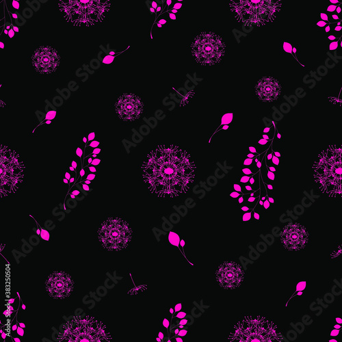 Seamless pattern with abstract pink  flowers. Vector illustration. Silhouette with pink dandelions and seeds, pink branches and leaves on a black background. Print, textile pattern.