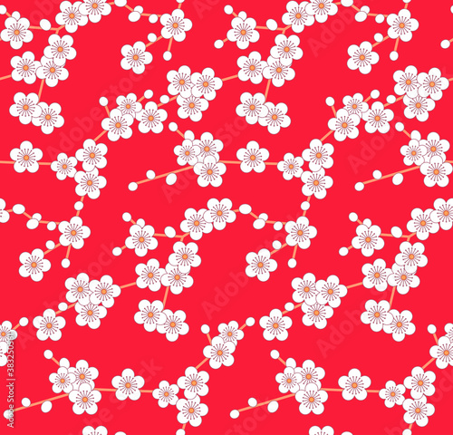 Japanese White Cherry Blossom Vector Seamless Pattern © pannawish