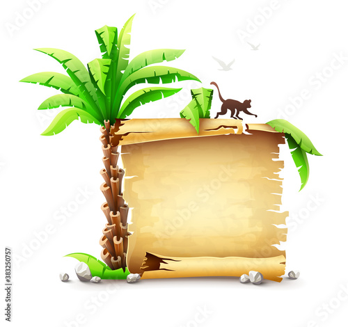 Old yellow paper manuscript bundle scroll, palms leaves monkey silhouette from tropical island. Tropical vojage travel banner concept. Ancient script document. Isolated on white. Illustration. photo