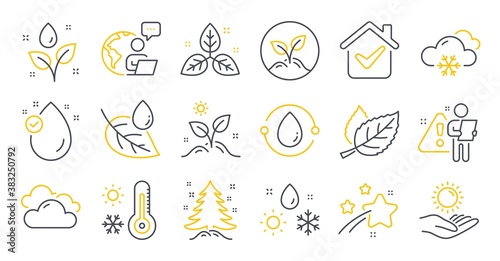 Set of Nature icons, such as Leaf dew, Weather thermometer, Sun protection symbols. Fair trade, Cloudy weather, Grow plant signs. Leaf, Vitamin e, Startup. Cold-pressed oil, Christmas tree. Vector