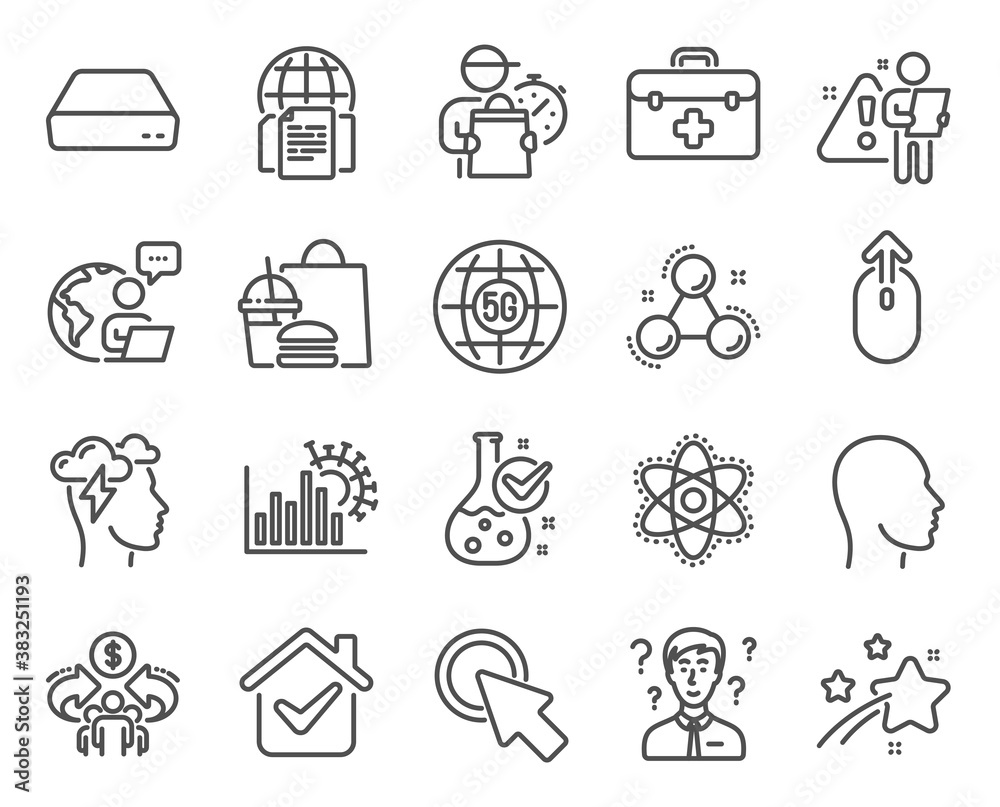 Science icons set. Included icon as 5g internet, Mini pc, Click here signs. Head, First aid, Support consultant symbols. Swipe up, Chemistry lab, Mindfulness stress. Internet documents. Vector Science icons set. Included icon as 5g internet, Mini pc, Click here signs. Head, First aid, Support consultant symbols. Swipe up, Chemistry lab, Mindfulness stress. Internet documents. Vector
