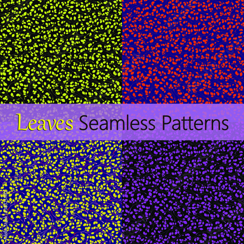 Set of 4 leaves patterns. Branches with leaves. Seamless Vector illustration. Stylish background with graphic leaves. Use for wallpaper, web design, surface textures, textile prints, wrapping, etc.