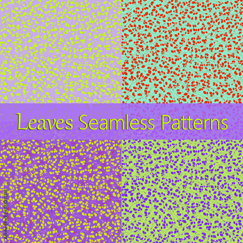 Set of 4 leaves patterns. Branches with leaves. Seamless Vector illustration. Stylish background with graphic leaves. Use for wallpaper, web design, surface textures, textile prints, wrapping, etc.