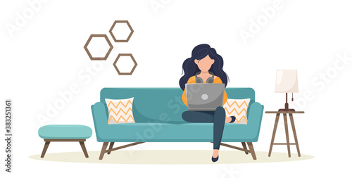 Girl with laptop on a modern cozy sofa. Interior. Vector illustration in cartoon flat style.