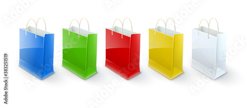 Shopping bags paper packaging for shopping goods and products transportation from shop or grocery. Realistic template mockup, isolated on white transparent background. Illustration.