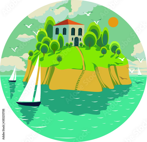 vector poster with a house on the island. round postcard with vector illustration where is the house, island, yachts, beautiful clouds