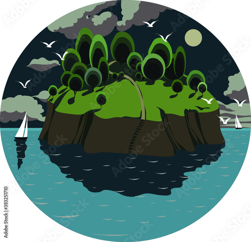 beautiful vector poster in a circle with night seascape. Mediterranean island with green trees, surrounded by the sea, clouds, seagulls, and a full moon