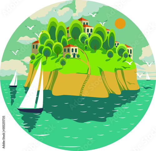 vector travel poster. beautiful view of the resort island in the ocean, with beautiful yachts and houses. resort card in a circle