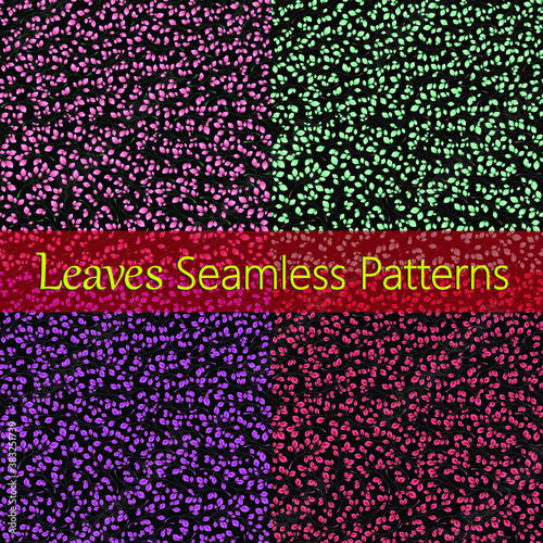 Set of 4 leaves patterns. Branches with leaves. Seamless Vector illustration. Stylish background with graphic leaves. Use for wallpaper, web design, surface textures, textile prints, wrapping, etc.