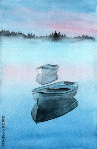 Watercolor illustration of two fishing boats on a lake with their reflection in water and with a distant forest in the background
