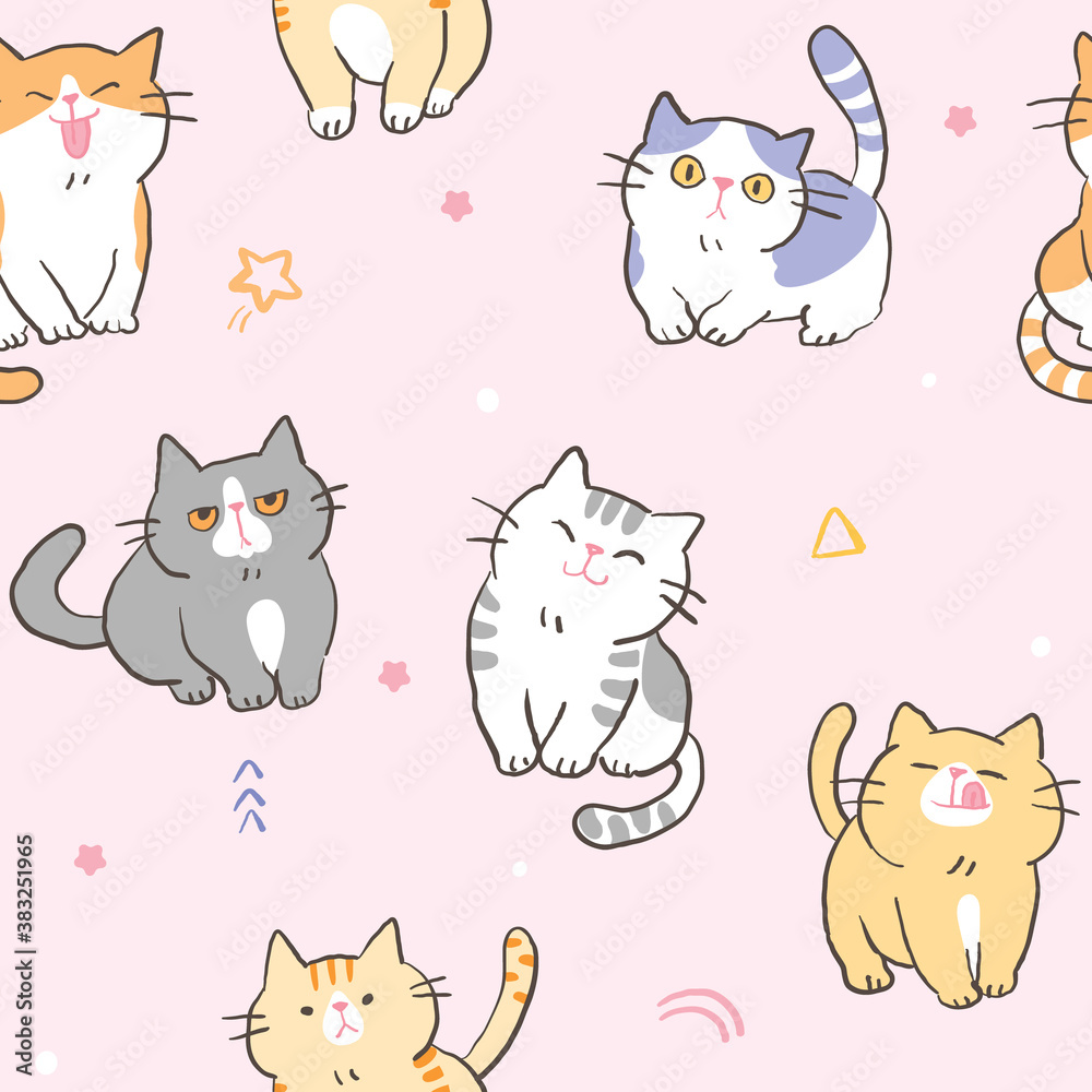 Seamless Pattern with Cute Cartoon Cat Design on Light Pink Background