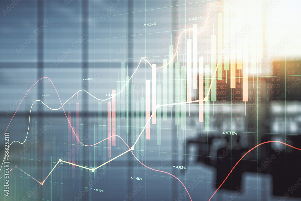 Abstract virtual financial graph hologram on a modern furnished classroom background, financial and trading concept. Multiexposure Abstract virtual financial graph hologram on a modern furnished classroom background, financial and trading concept. Multiexposure