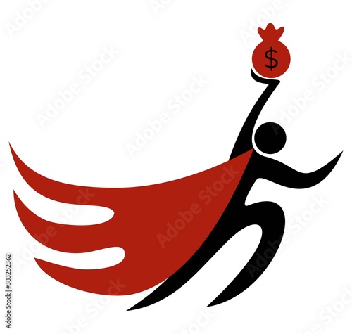 Creative red and black vector icon of the superhero with bag of money. Simple flat symbol. The concept of a hero financier, banker, investor, etc.