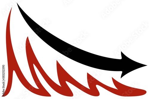 Red and black creative  vector icon of the chart with down arrow. Simple flat symbol. The concept of economic crisis, decline in production, sales, income, etc.