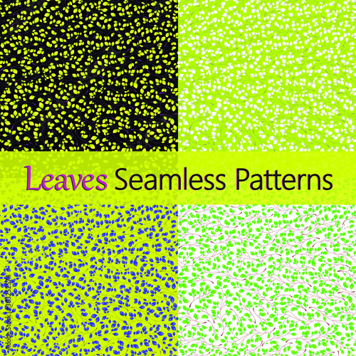 Set of 4 leaves patterns. Branches with leaves. Seamless Vector illustration. Stylish background with graphic leaves. Use for wallpaper, web design, surface textures, textile prints, wrapping, etc.