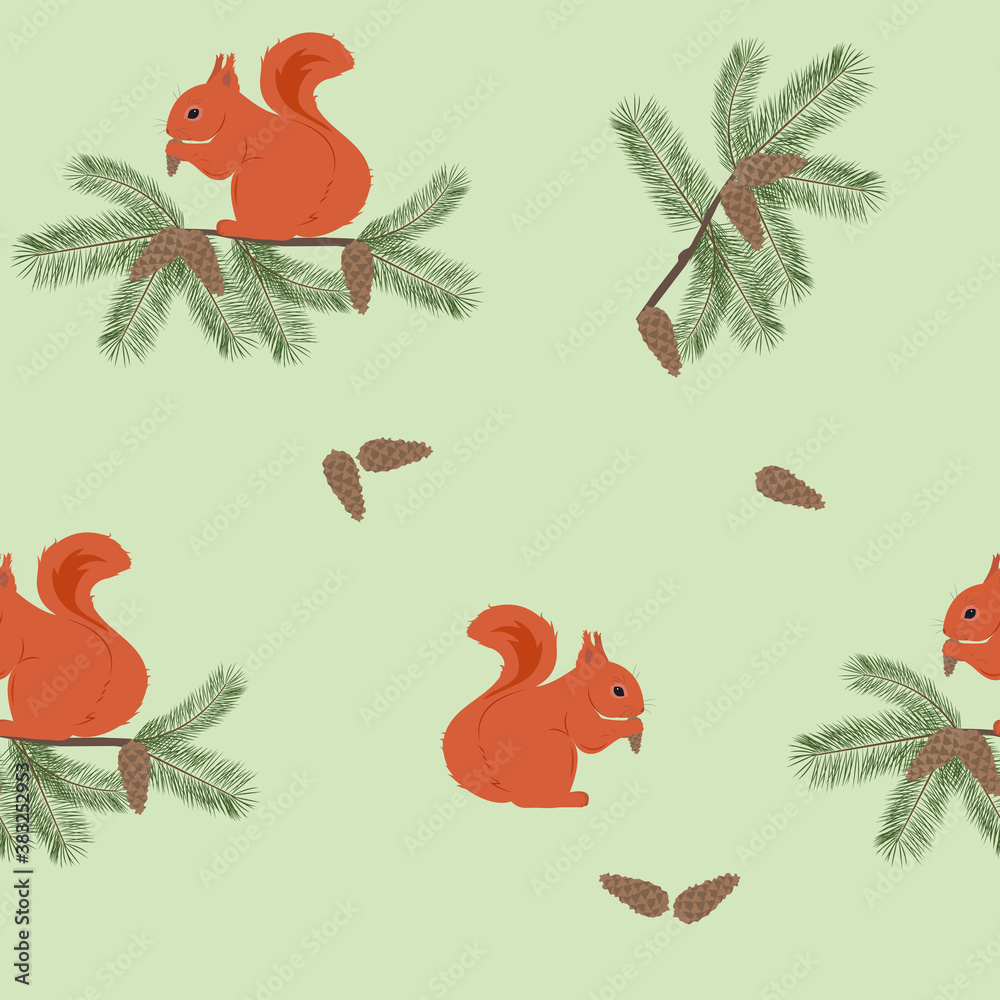 Seamless vector Christmas illustration with squirrel and fir branches.