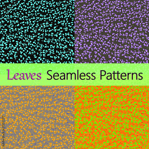 Set of 4 leaves patterns. Branches with leaves. Seamless Vector illustration. Stylish background with graphic leaves. Use for wallpaper, web design, surface textures, textile prints, wrapping, etc.