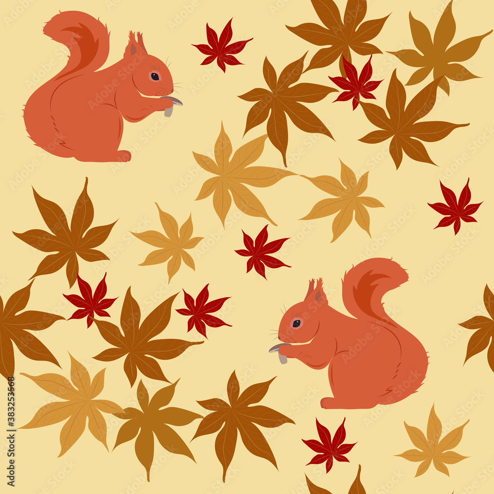 Seamless vector illustration with cute squirrels and autumn leaves. Seamless vector illustration with cute squirrels and autumn leaves.