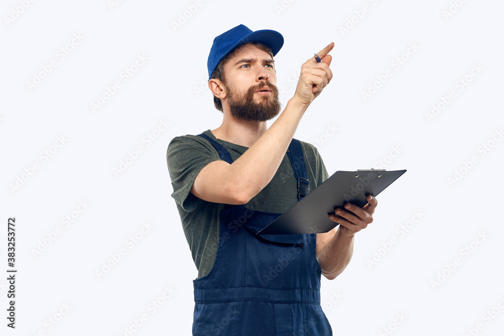 man in working uniform documents delivery loader transportation light background man in working uniform documents delivery loader transportation light background