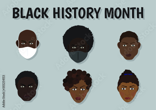 Black History Month characters wearing face masks vector illustration