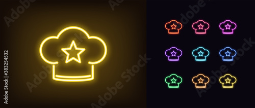 Neon chef hat, glowing icon. Neon chef cap with star, bakery rating