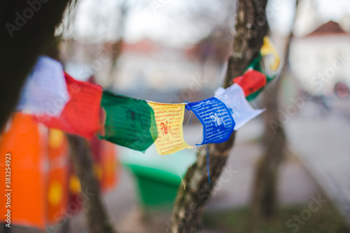 tibetan flags on the street in european city