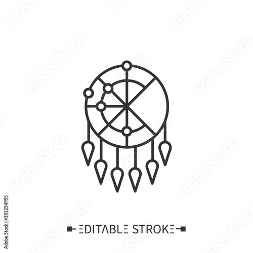 Dreamcatcher line icon. Outline drawing. Handmade willow hoop. Protective tribal amulet. Indian magic, shamanism. Boho ethnic element. Decoration. Isolated vector illustrations. Editable stroke
