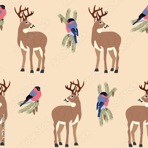 Vector seamless illustration with deer  fir branches and bullfinches