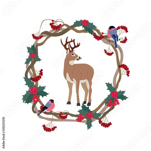 Vector illustration with a deer, rowan branches, berries of holly, bullfinches in a frame