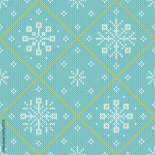 Winter holiday knitted diamond pattern. Pastel seamless vector pattern with knitted texture.White and yellow elements on a light blue background. Cute festive background with a set of snowflakes.