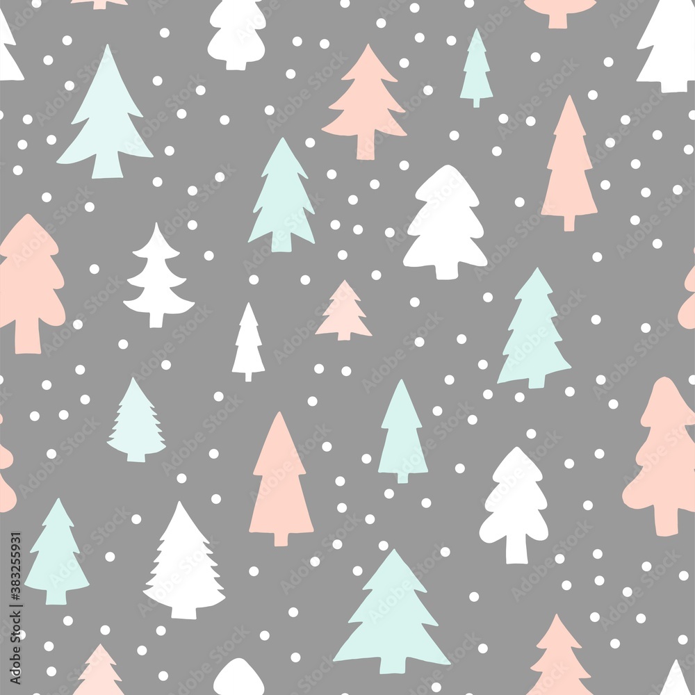Seamless colorful pattern with cute christmas trees and falling snow. 