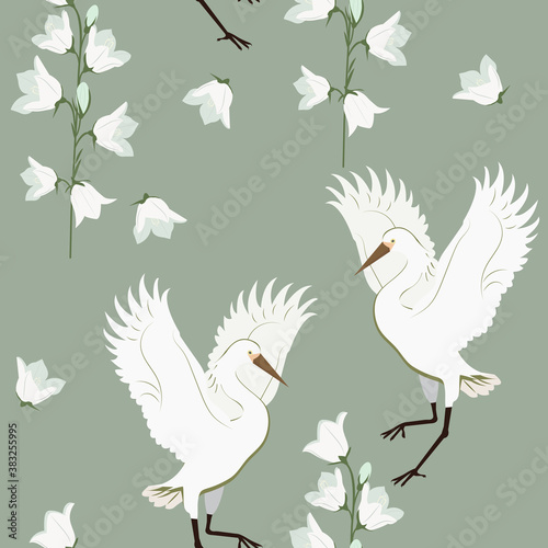 Vector beautiful seamless illustration with birds cranes and field bells