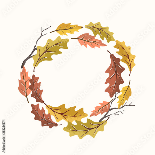 An Autumn fall harvest wreath made with natural leaves. Vector illustration.