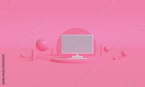 Fototapeta Naklejka Na Ścianę i Meble -  3d Pink computer color minimalist style design, Scene podium mock up presentation, 3d render abstract background.